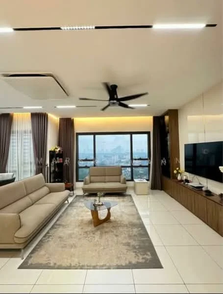 Living features: 2-seater beige leather sofa, 3-seater beige leather sofa, glass coffee table, area rug with geometric pattern, wall-mounted TV, wooden TV console, floor-to-ceiling windows, city view, recessed LED downlights, 5-blade ceiling fan, curtains, white tiled flooring; style: modern; view: city.