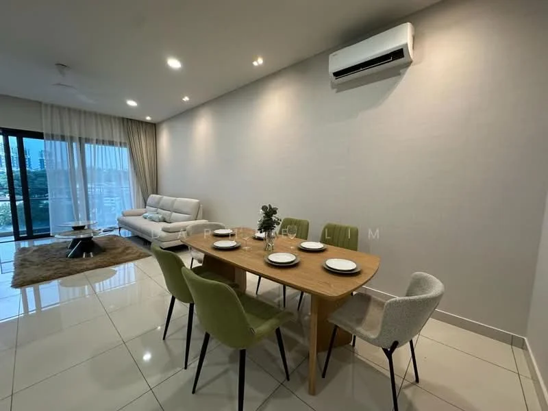 Living features: 3-seater fabric sofa in light grey, coffee table with round top, area rug with neutral color, dining table with wooden surface, 4 upholstered dining chairs in green and grey, 6 dinner plates set on the table, floor-to-ceiling windows, curtains, wall-mounted split AC, recessed downlights, white painted walls, glossy tile flooring; style: modern; view: city.