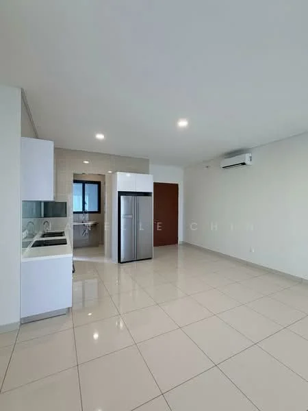 Kitchen features: white cabinetry, stainless-steel fridge, built-in oven, ceramic cooktop, white tiled backsplash, single-bowl stainless-steel sink, chrome pull-down faucet, light-colored countertops, recessed downlights, wall-mounted split AC, large window, open layout, glossy tile flooring; style: modern. Living features: open layout, glossy tile flooring, wall-mounted split AC, large window; style: modern.