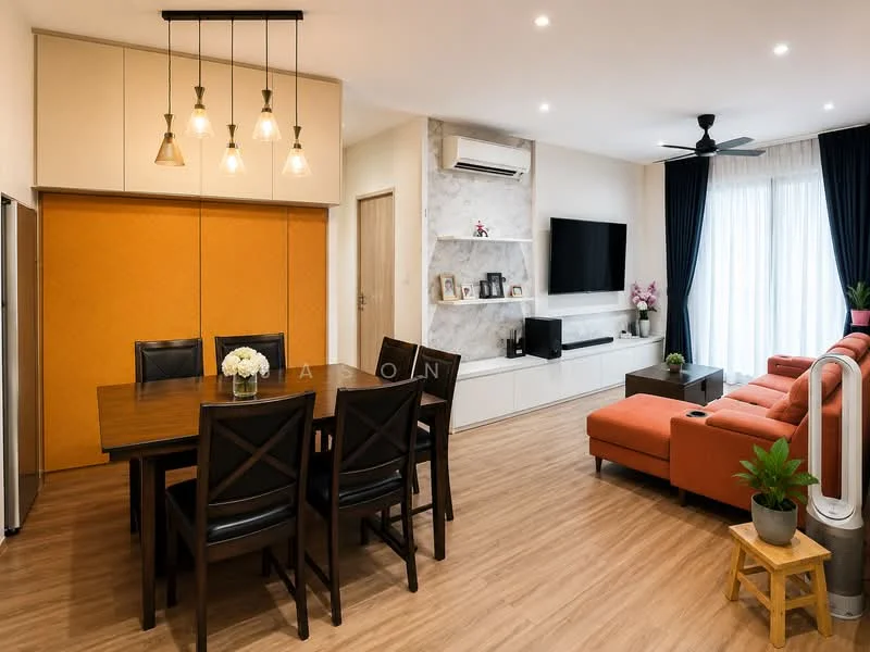 Living features: orange L-shape sectional sofa, wooden coffee table, wall-mounted TV, TV console, decorative plants, 5-blade ceiling fan, recessed downlights, large windows with sheer curtains, wooden flooring, decorative wall with stone cladding; style: modern. Dining features: 6-seater wooden dining table, black dining chairs, white cabinetry, orange accent wall, decorative vase with flowers, recessed lighting, open shelving, fridge, wall-mounted air conditioning unit; style: modern.