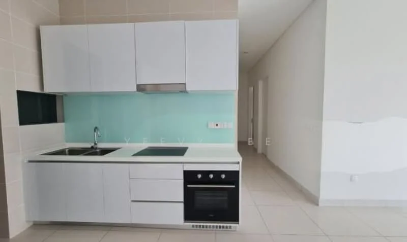 Kitchen features: white flat-panel cabinets, light blue glass backsplash, double-bowl stainless-steel sink, chrome pull-down faucet, built-in oven, 4-burner gas hob, white countertop, tile flooring, recessed downlights; style: modern.