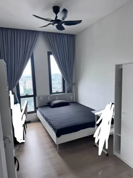 Bedroom features: king-size bed with black bedding, floor-to-ceiling windows, grey curtains, 5-blade ceiling fan, light wood flooring, white bedside table, white wardrobe, two study desks with chairs; style: modern; view: city.