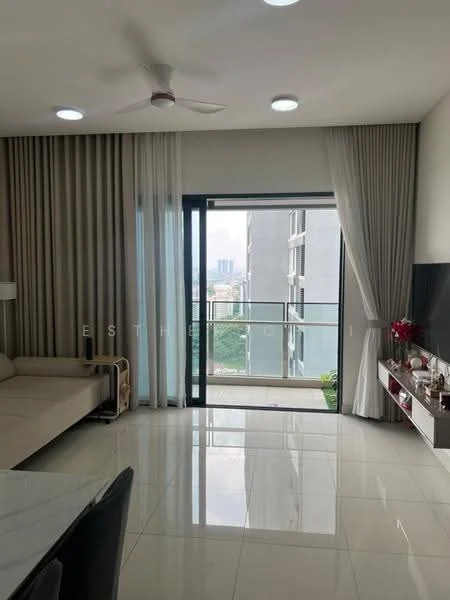 Living features: floor-to-ceiling windows, sliding glass door, white painted walls, cream curtains, 5-blade ceiling fan with light, recessed LED downlights, glossy tile flooring, TV console, wall-mounted TV, decorative items on console, sofa, area rug; style: modern; view: city.