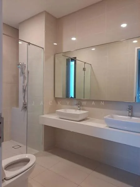 Bathroom features: white ceramic toilet, single-sink vanity with white countertop, square ceramic sink, chrome basin mixer faucet, large frameless mirror, glass shower enclosure, handheld shower, recessed downlights, light beige tiled walls, light beige tiled flooring; style: modern.