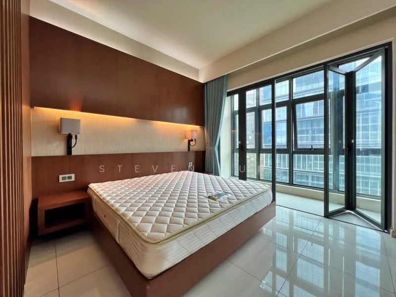 Bedroom features: queen-size bed base, upholstered headboard, wooden bedside lamps, built-in wardrobe, floor-to-ceiling windows, sliding glass door, white painted walls, glossy tile flooring, curtains, wall-mounted light fixtures; style: modern; view: city.