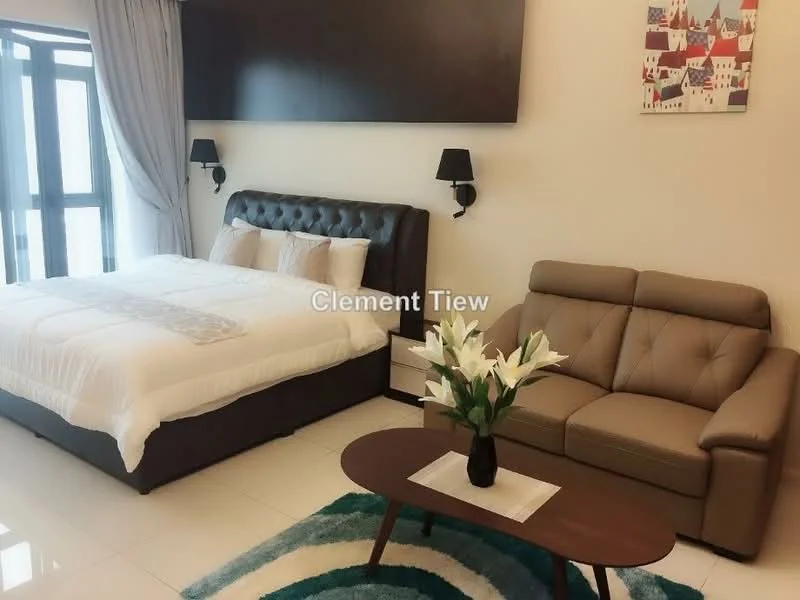 Bedroom features: king-size bed with upholstered headboard, white bedding, 2 bedside lamps, wall-mounted sconces, large window with sheer curtains, white painted walls, polished tile flooring, sofa in beige leather, round coffee table, decorative artwork on wall; style: modern.