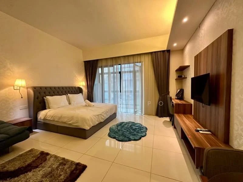 Bedroom features: king-size bed with upholstered headboard, white bedding, 2 bedside lamps, wall-mounted TV, wooden TV console, light brown accent wall, floor-to-ceiling windows, sheer curtains, blue area rug, white tiled flooring, decorative wall paneling, dark wood shelving unit, green accent chair; style: modern.