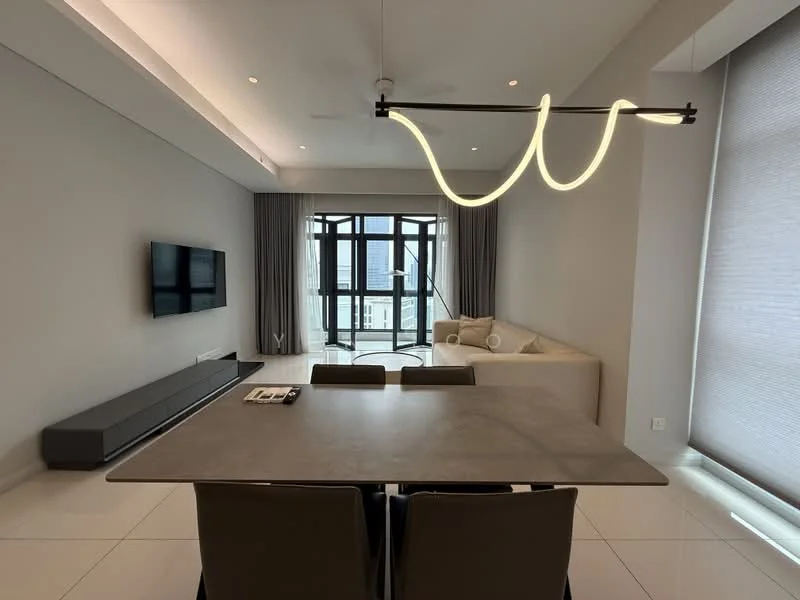 Dining features: dining table with grey concrete top, 4 upholstered dining chairs, floor-to-ceiling windows, light grey curtains, white walls, recessed downlights, modern pendant light fixture, TV mounted on wall, light-coloured sofa, grey media console, white tiled flooring; style: modern; view: city.