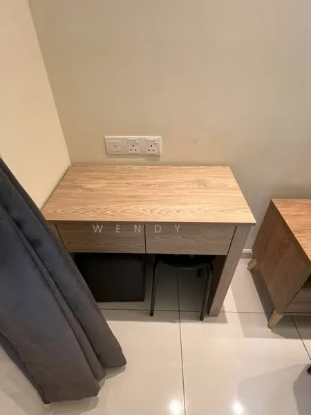 Room features: wooden desk, single drawer, black chair, white wall, grey curtain, glossy tile flooring, power outlets; style: modern.
