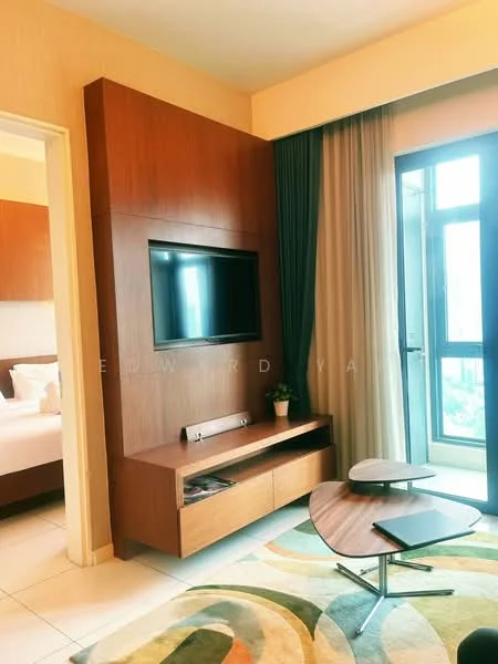 Living features: wooden feature wall, flat-panel TV mounted on wall, wooden TV console, coffee table with unique shape, area rug with abstract pattern, floor-to-ceiling windows, curtains in blue and cream, cream painted walls, tile flooring; style: modern; view: city.