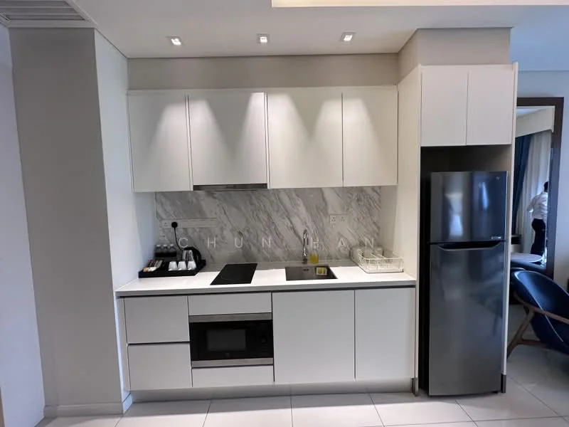 Kitchen features: white flat-panel cabinets, marble backsplash, black cooktop, built-in microwave, stainless-steel fridge, single-bowl stainless-steel sink, chrome pull-down faucet, recessed downlights, white countertop, open shelving, kitchen utensils, dish rack; style: modern.