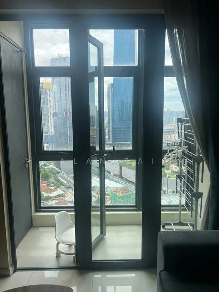 Room features: floor-to-ceiling windows, sliding glass door, city view, grey curtains, white chair, tile flooring, balcony access, modern decor; style: modern; view: city.