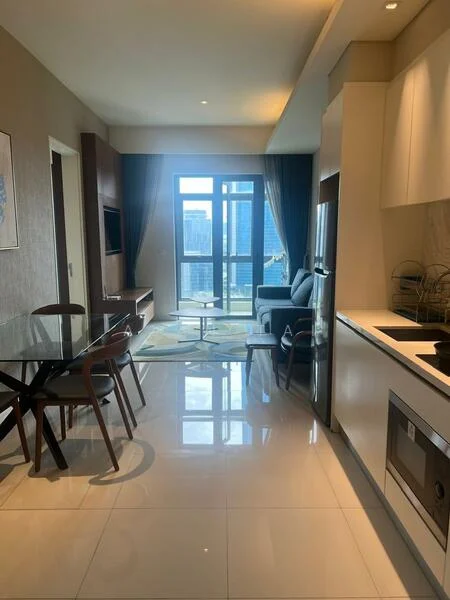 Living features: floor-to-ceiling windows, sliding glass door, grey fabric sofa, glass coffee table, 4-seater dining table, wooden dining chairs, light-colored area rug, wall-mounted TV unit, white cabinetry, stainless-steel fridge, built-in oven, ceramic cooktop, white quartz countertop, recessed downlights, cream painted walls; style: modern; view: city.