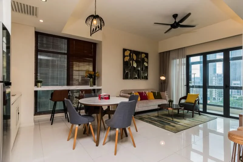 Living features: 3-seater fabric sofa in light grey, round dining table, 4 upholstered dining chairs, area rug with geometric pattern, floor-to-ceiling windows, city view, pendant light fixture, ceiling fan with light, decorative wall art, marble flooring, wooden accent wall, plant in ceramic pot; style: modern; view: city.