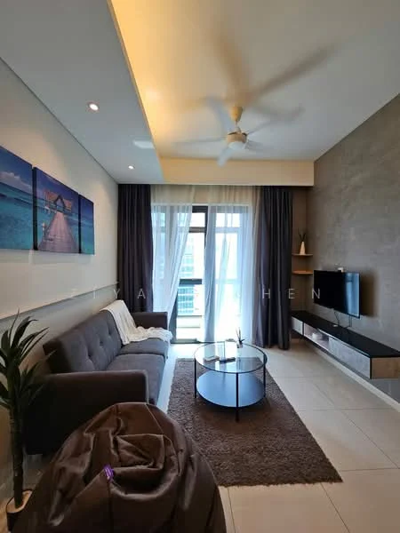 Living features: 3-seater fabric sofa in grey, coffee table with glass top, area rug with neutral color, wall-mounted TV, TV console with storage, floor-to-ceiling windows, sheer curtains, ceiling fan with light, decorative wall art, plant in ceramic pot, recessed lighting, light-colored walls, accent wall in brown, sliding glass door, balcony view; style: modern; view: city.