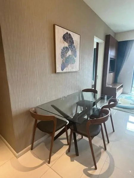 Dining features: glass dining table, 4 wooden dining chairs with upholstered seats, beige textured wallpaper, white tiled flooring, wall-mounted artwork, built-in cabinetry, TV console in background, large window with curtains; style: modern.