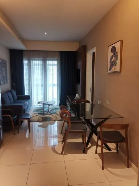 Living features: grey fabric sofa, glass coffee table, area rug with geometric pattern, wall-mounted TV, dining table with glass top, 4 wooden dining chairs, floor-to-ceiling windows, curtains, light-colored walls, recessed downlights, decorative wall art; style: modern; view: city.