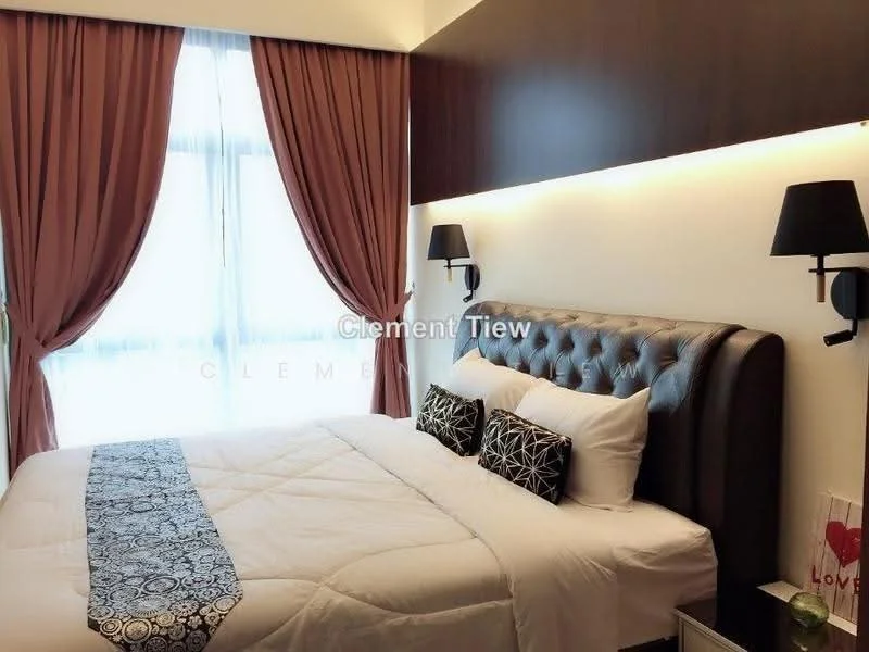 Bedroom features: king-size bed, upholstered headboard, white bedding, black decorative pillows, wooden bedside tables, wall-mounted sconces, floor-to-ceiling windows, sheer curtains, dark wood accent wall, decorative artwork, carpeted flooring; style: modern.