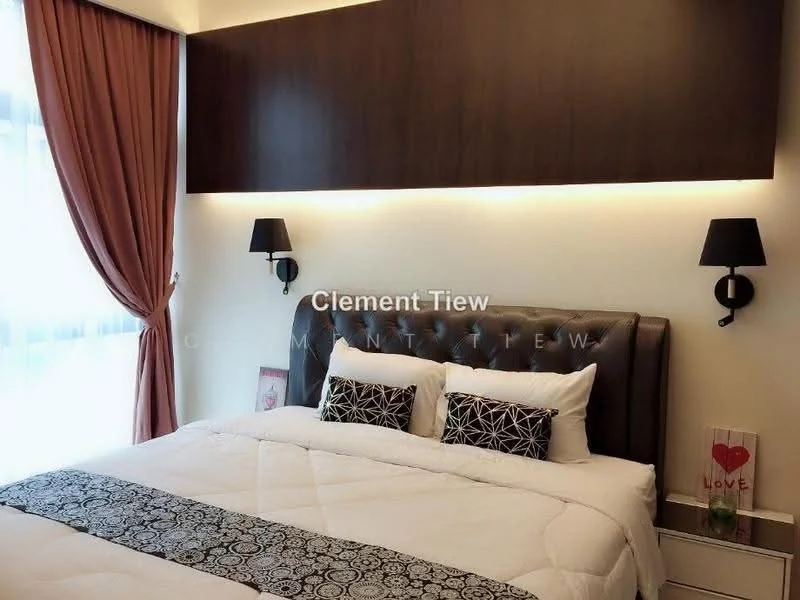 Bedroom features: king-size bed with upholstered headboard, white bedding with black geometric pattern, two bedside lamps with wall sconces, dark wood feature wall above the bed, floor-to-ceiling window with sheer curtains, decorative artwork on bedside table, light-colored nightstand, brown curtain, recessed lighting above the headboard; style: modern.