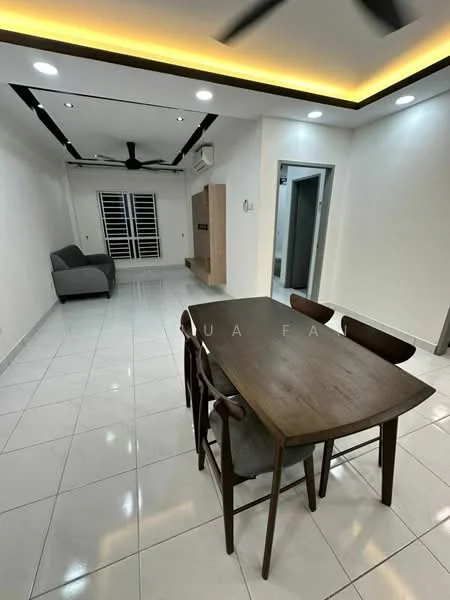 Dining features: rectangular wooden dining table, 4 wooden dining chairs, white tiled flooring, recessed LED downlights, tray ceiling with ambient lighting, grey fabric sofa, wall-mounted TV console, sliding glass door, air conditioning unit; style: modern. Living features: grey fabric sofa, white tiled flooring, recessed LED downlights, tray ceiling with ambient lighting; style: modern.