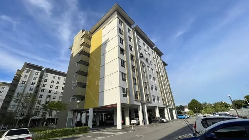 Exterior type: mid-rise condominium; features: white painted facade, yellow accent wall, flat roof, approximately 6-storey, covered parking area, manicured landscaping, surrounded by greenery; style: modern.