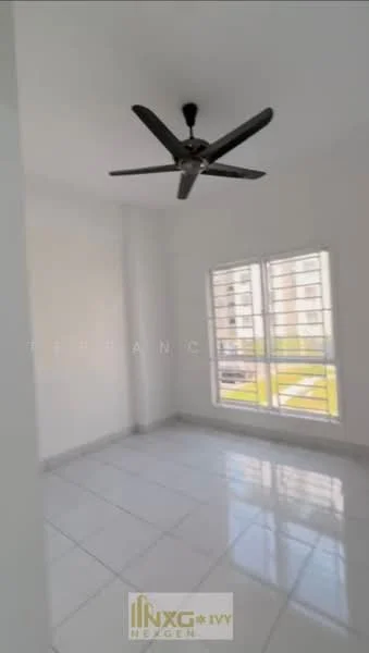 Room features: white painted walls, glossy white tile flooring, 5-blade ceiling fan, floor-to-ceiling windows, natural light from windows, view of outdoor space.