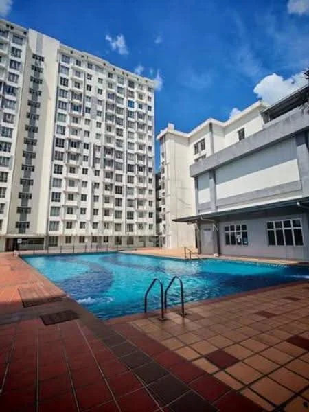 Exterior type: mid-rise condominium; features: swimming pool, pool deck with loungers, surrounding tiled walkway, multiple storey building, large windows, balconies on upper floors, clear blue sky, landscaped area around pool; style: modern.