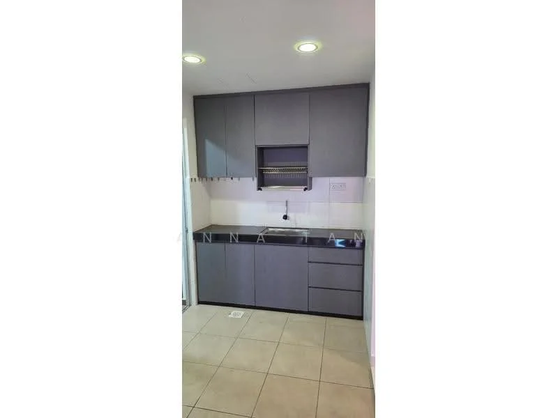 Kitchen features: grey cabinetry, white countertop, single-bowl stainless-steel sink, chrome pull-down faucet, wall-mounted shelving, built-in oven, ceramic tile flooring, recessed downlights; style: modern.
