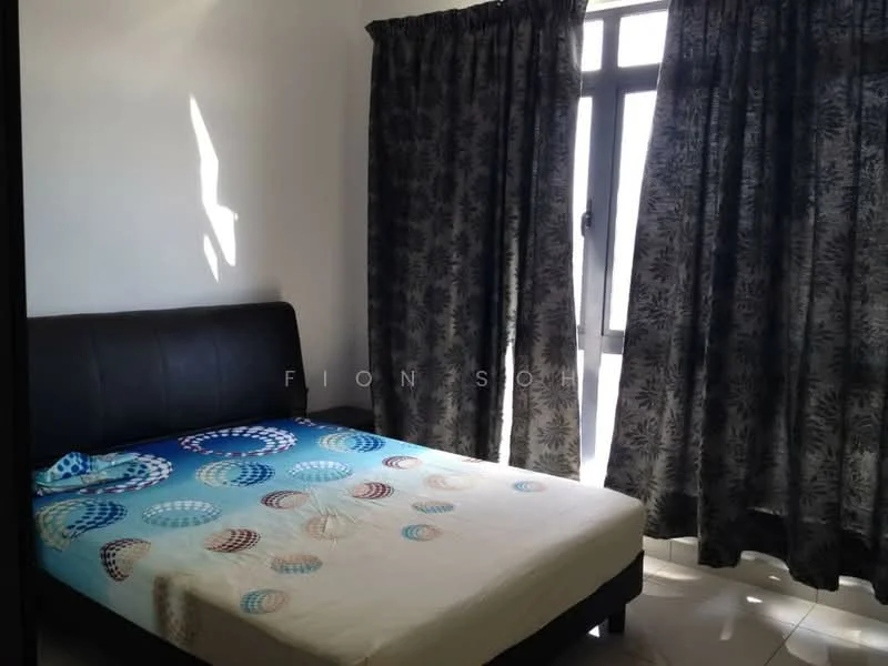 Bedroom features: queen-size bed, black leather headboard, blue and white patterned bedspread, floor-to-ceiling windows, grey curtains with floral pattern, white walls, tile flooring, natural light from window.