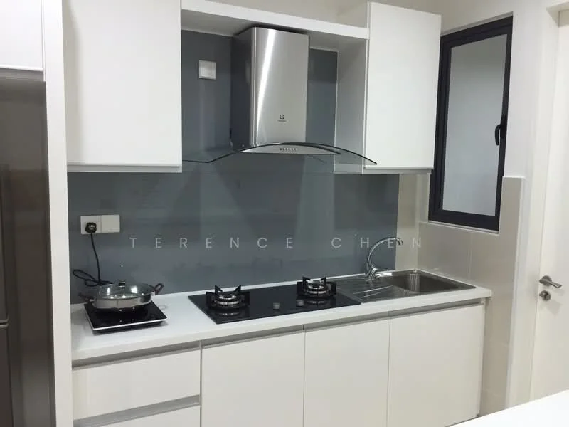 Kitchen features: white cabinetry, stainless-steel range hood, double-burner gas hob, stainless-steel sink, chrome pull-down faucet, grey backsplash, white countertop, built-in wall cabinet, wall-mounted electrical outlet, window with black frame; style: modern.