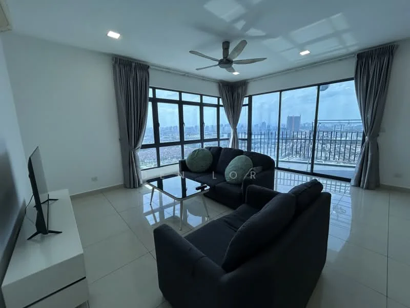 Living features: 3-seater fabric sofa in dark grey, 2 round decorative cushions, glass coffee table, wall-mounted TV, white TV console, floor-to-ceiling windows, grey curtains, recessed downlights, tile flooring, ceiling fan with light; style: modern; view: city.