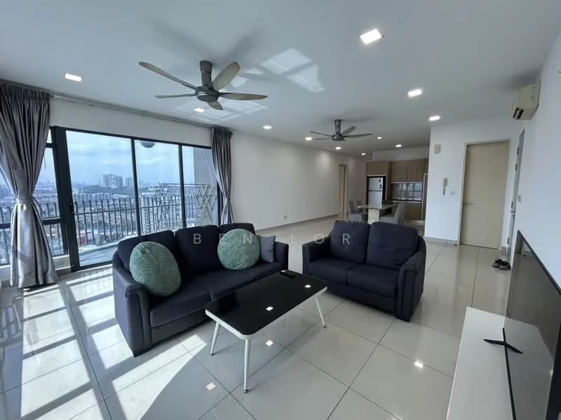 Living features: 3-seater fabric sofa in navy blue, 2-seater fabric sofa in navy blue, coffee table with black top, floor-to-ceiling windows, grey curtains, recessed LED downlights, 2 ceiling fans, white painted walls, glossy tile flooring, TV console, wall-mounted TV; style: modern; view: city.