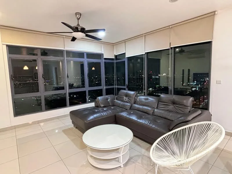 Living features: L-shape sectional leather sofa in dark grey, round white coffee table, floor-to-ceiling windows, city view, white ceiling with recessed downlights, 5-blade ceiling fan, roller blinds, light-colored tiled flooring; style: modern; view: city.