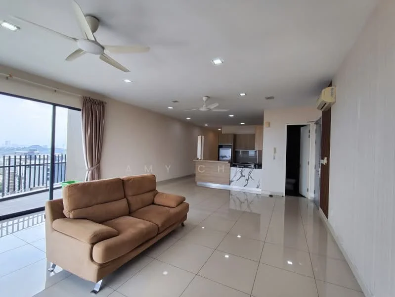 Living features: 3-seater fabric sofa in beige, floor-to-ceiling windows, sliding glass door, white painted walls, polished ceramic tile flooring, 5-blade ceiling fan, recessed downlights, curtains, open layout to kitchen, city view; style: modern; view: city.