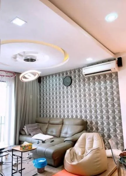 Living features: 3-seater leather sofa in light grey, bean bag chair, decorative wall clock, textured feature wall with geometric pattern, recessed ceiling lights, circular pendant light, wall-mounted split AC, floor-to-ceiling windows with sheer curtains, wooden flooring, coffee table, area rug; style: modern.