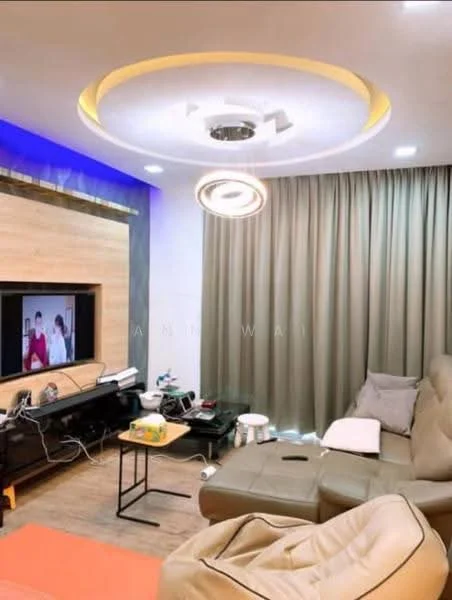 Living features: sofa in light brown leather, coffee table, wall-mounted TV, TV console in black, recessed downlights, circular ceiling light fixture, wood panel accent wall, curtains in light grey, wooden flooring, decorative items on table; style: modern.