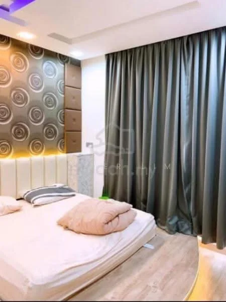 Bedroom features: queen-size bed, upholstered headboard, decorative throw pillows, grey bedding, wooden flooring, dark grey curtains, feature wall with circular pattern, nightstand with drawer, wall-mounted light fixtures, built-in wardrobe, recessed ceiling lights; style: modern.