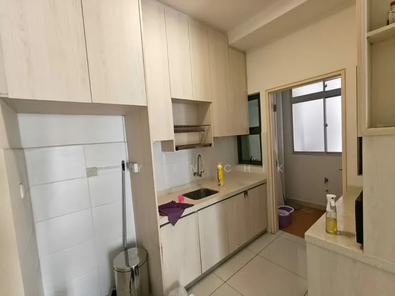 Kitchen features: light wood cabinetry, single-bowl stainless-steel sink, chrome pull-down faucet, white tiled backsplash, countertop with light surface, built-in shelves, floor tiles, window for natural light, kitchen appliances visible, clean and modern design; style: modern.
