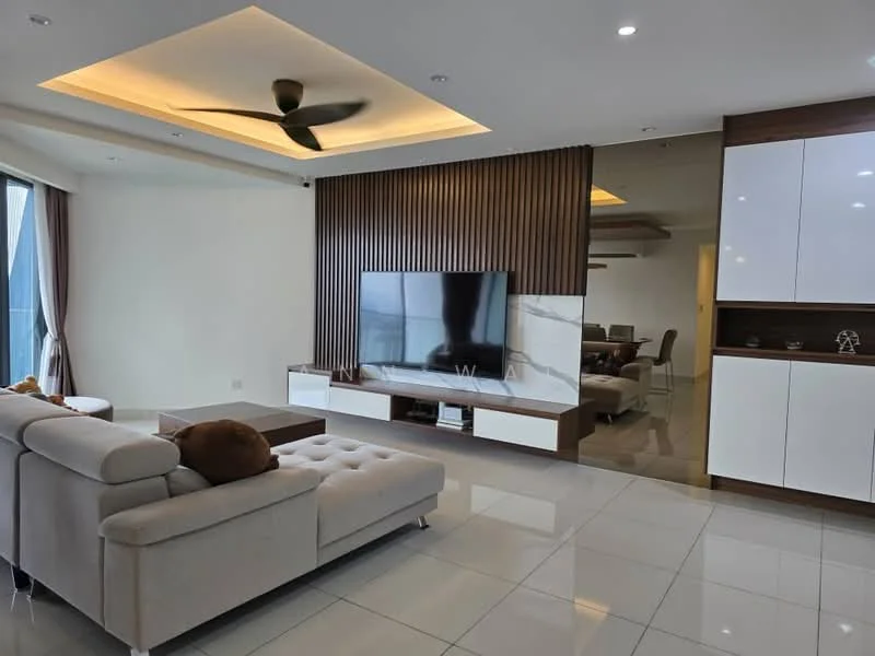 Living features: 3-seater fabric sofa in light grey, coffee table, wall-mounted TV, TV console with white cabinetry, wood feature wall, recessed ceiling with LED lighting, ceiling fan, large windows with sheer curtains, glossy tile flooring, decorative wall mirror; style: modern.