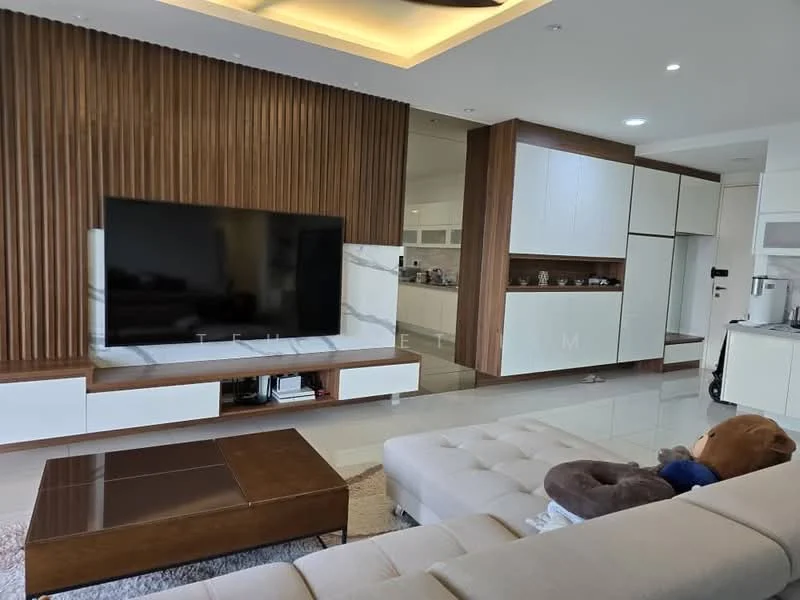 Living features: light-colored sectional sofa, wooden coffee table, large flat-screen TV, wood panel accent wall, white cabinetry, marble backsplash, recessed ceiling lights, cream area rug, open layout to kitchen, glossy tile flooring; style: modern.