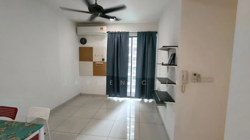 Living features: white painted walls, grey floor tiles, 5-blade ceiling fan with light, floor-to-ceiling sliding glass door, blackout curtains, wall-mounted shelves, intercom panel, air conditioning unit, decorative wall panel, telephone wall unit; style: modern.