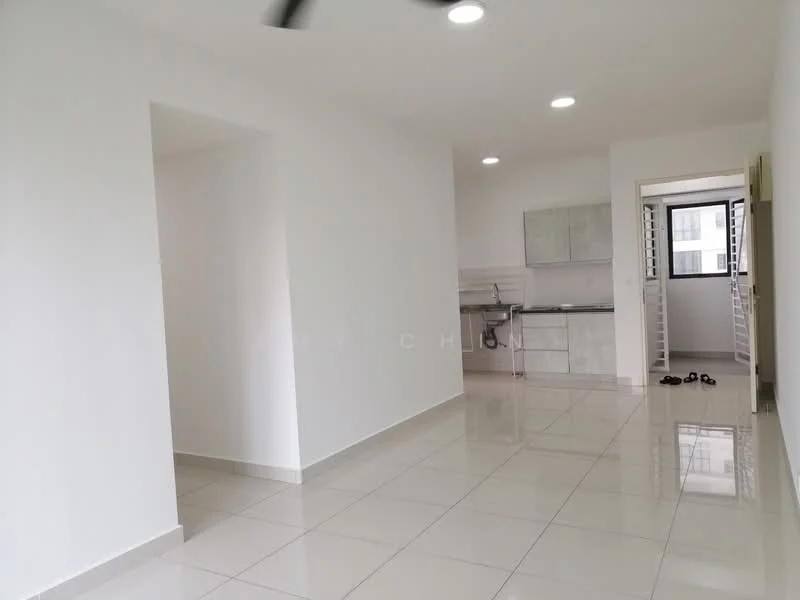 Living features: white painted walls, glossy ceramic tile flooring, recessed downlights, 5-blade ceiling fan, open layout, large window with view to outside, doorway leading to kitchen, doorway leading to hallway; style: modern. Kitchen features: white cabinetry, countertop with grey finish, stainless-steel sink, built-in kitchen appliances, open layout to living area; style: modern.