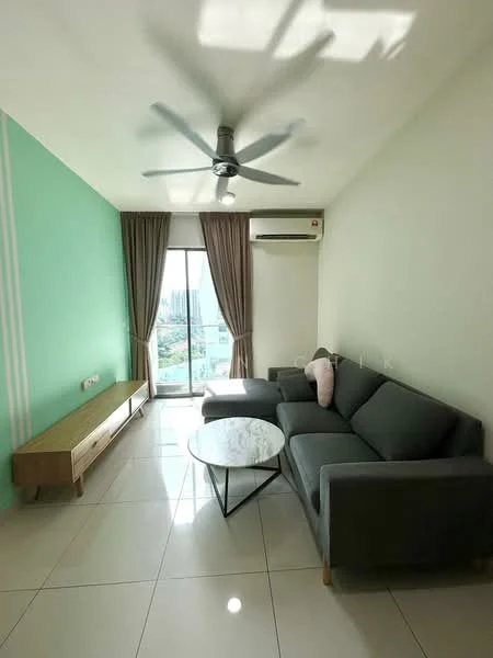 Living features: 3-seater fabric sofa in grey, round glass coffee table, floor-to-ceiling windows, curtains in beige, 1 wall-mounted split AC, 5-blade ceiling fan, light green accent wall, white painted walls, glossy tile flooring; style: modern; view: city.