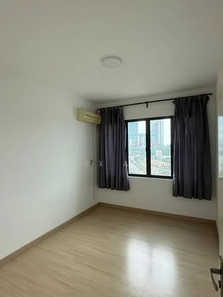 Room features: white painted walls, laminate flooring, floor-to-ceiling window, blackout curtains, 1 wall-mounted split AC, ceiling light; view: city.