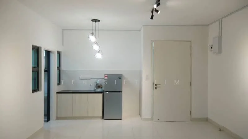 Kitchen features: white painted walls, glossy tile flooring, black countertop, light wood cabinetry, stainless-steel fridge, single-bowl stainless-steel sink, chrome pull-down faucet, track lighting with multiple bulbs, two windows, wall-mounted electrical outlet; style: modern.