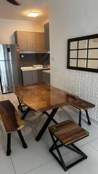 Dining features: wooden dining table with natural finish, two wooden benches with black metal legs, white tiled flooring, grey cabinetry, stainless-steel fridge, built-in kitchen with stove, white textured wall, ceiling light fixture, mirror with grid pattern; style: modern.