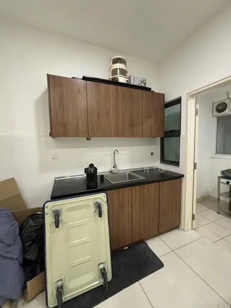 Kitchen features: brown wooden cabinetry, black countertop, double-bowl stainless-steel sink, chrome pull-down faucet, white tiled walls, white tiled flooring, kitchen appliances visible, storage boxes, window with black frame; style: modern.