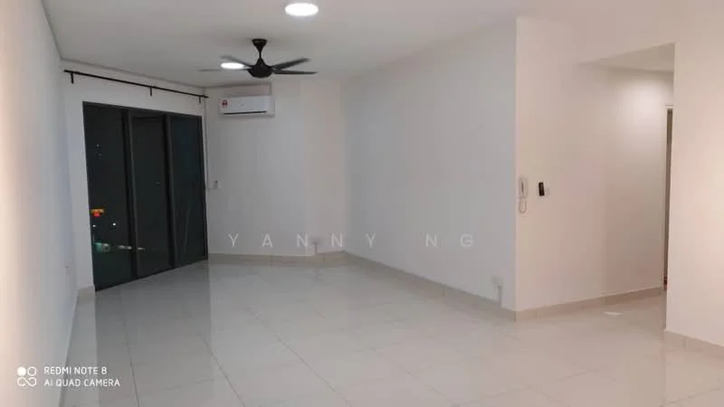 Living features: white painted walls, glossy ceramic tile flooring, 5-blade ceiling fan with light, wall-mounted split AC, floor-to-ceiling windows, sliding glass door, curtain rod, recessed downlights; style: modern; view: city.