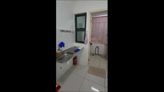 Kitchen features: single-bowl stainless-steel sink, chrome pull-down faucet, white cabinetry, white tiled backsplash, grey countertop, ceramic tile flooring, window with black frame, fire extinguisher, kitchen mat, open space leading to another room; style: modern.
