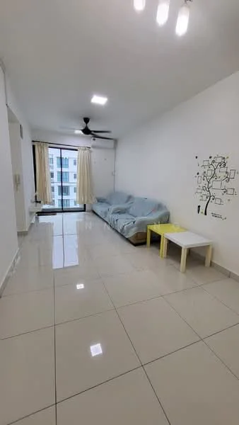 Living features: light grey fabric sofa, white coffee table, white walls, glossy white tile flooring, ceiling fan, floor-to-ceiling windows, sheer curtains, decorative wall art, natural light, neutral color palette; style: modern.